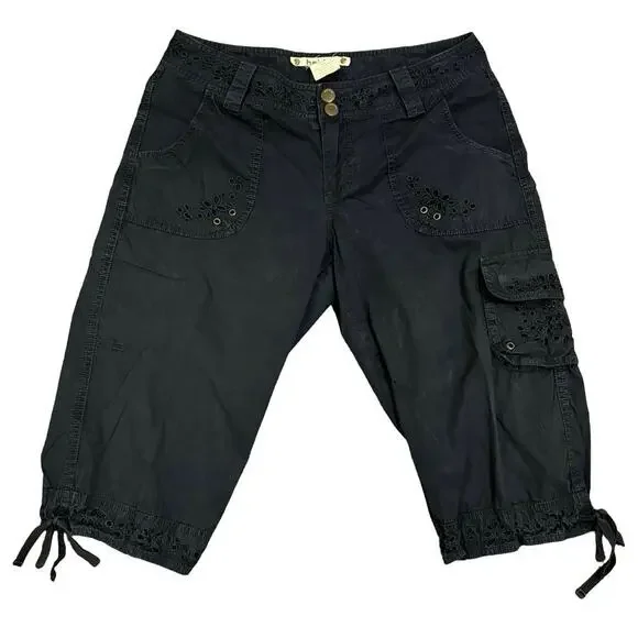 Hei Hei Anthropologie Shorts Women's 4 Cargo Bermuda Tie Hem Navy Eyelet Cotton - Picture 1 of 4